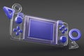 Retro handheld game console on black 3d background. Clear transparent design with blue glass screen, button and flying geometric Royalty Free Stock Photo
