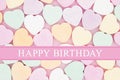 Retro Happy Birthday greeting with candy hearts