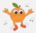 Retro Happy Orange Dancing. Cute fruit character and note in cartoon 60s style. Positive Citrus. Vector illustration
