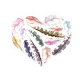 Retro heart - bird feathers. Vintage watercolor Royalty Free Stock Photo