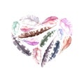 Retro heart with bird feathers. Vintage watercolor