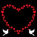 Retro heart shaped photo frame of hearts with pigeons silhouette