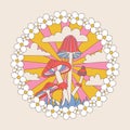 Retro hippie badge with cute groovy daisy flowers, sunbeam and mushrooms isolated on a pastel background. Trendy hand