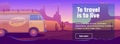 Retro Hippie Classic Travel Bus in Desert Landscape Background. Holiday Adventure Design Concept. Good for Advertisement Banner