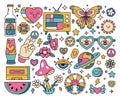 Retro hippie stickers. Groovy doodle flower, rainbow and mushroom, psychedelic hippie badges flat cartoon vector illustration set