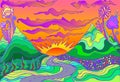 Retro hippie style psychedelic landscape with mountains, sun and the road going into the sunset