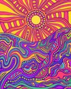 Retro hippie style psychedelic landscape with sun and mountains.