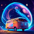 Retro hippie van with planets in space. Cartoon style. AI Generated