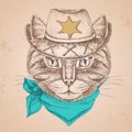 Retro Hipster animal cat. Hand drawing Muzzle of cat