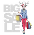 Retro Hipster animal deer. Big sale hipster poster with woman model