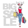 Retro Hipster animal deer. Big sale hipster poster with woman model