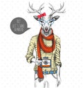 Retro Hipster animal deer with photo camera. Woman model