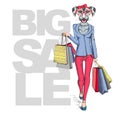 Retro Hipster animal dog. Big sale hipster poster with woman