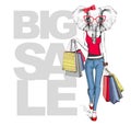 Retro Hipster animal elephant. Big sale hipster poster with woman model