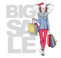 Retro Hipster animal elephant. Big sale hipster poster with woman model