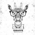 Retro Hipster animal giraffe. Hand drawing Muzzle of giraffe