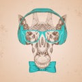 Retro Hipster animal giraffe with headphones. Hand drawing Muzzle of giraffe