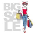 Retro Hipster animal girl cat. Big sale hipster poster with woman