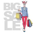 Retro Hipster animal girl giraffe. Big sale hipster poster