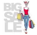 Retro Hipster animal girl giraffe. Big sale hipster poster