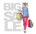 Retro Hipster animal girl owl. Big sale hipster poster Royalty Free Stock Photo