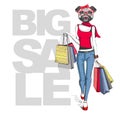 Retro Hipster animal girl pug dog. Big sale hipster poster