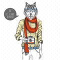 Retro Hipster animal wolf with photo camera. Woman model