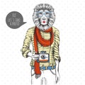 Retro Hipster animal lion with photo camera. Woman model