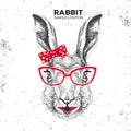 Retro Hipster animal rabbit. Hand drawing Muzzle of animal bunny. Girl of 60s Royalty Free Stock Photo