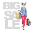 Retro Hipster animal sphynx cat. Big sale hipster poster with woman model