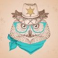 Retro Hipster bird owl. Hand drawing Muzzle of bird owl