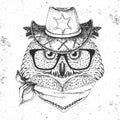 Retro Hipster bird owl. Hand drawing Muzzle of bird owl