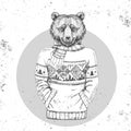 Retro Hipster fashion animal bear dressed up in pullover.