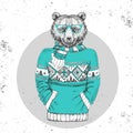 Retro Hipster fashion animal bear dressed up in pullover.