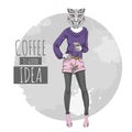 Retro Hipster fashion animal cheetah with coffee. Woman model Royalty Free Stock Photo