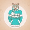 Retro Hipster fashion animal cheetah dressed up in pullover.