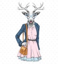 Retro Hipster fashion animal deer. Woman model