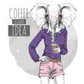 Retro Hipster fashion animal elephant with coffee. Woman model