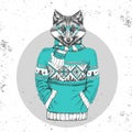 Retro Hipster fashion animal fox dressed up in pullover.