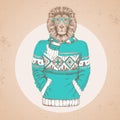 Retro Hipster fashion animal lion dressed up in pullover.