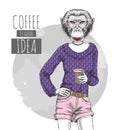 Retro Hipster fashion animal monkey with coffee. Woman model