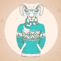 Retro Hipster fashion animal ram or mouflon dressed up in pullover