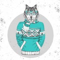 Retro Hipster fashion animal wolf dressed up in pullover.