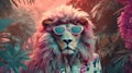 Retro hipster illustration with black fashion lion wearing sunglasses. Trendy illustration. Cute safari wildlife animal