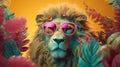 Retro hipster illustration with black fashion lion wearing sunglasses. Trendy illustration. Cute safari wildlife animal