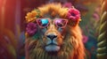 Retro hipster illustration with black fashion lion wearing sunglasses. Trendy illustration. Cute safari wildlife animal