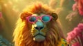 Retro hipster illustration with black fashion lion wearing sunglasses. Trendy illustration. Cute safari wildlife animal