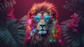 Retro hipster illustration with black fashion lion wearing sunglasses. Trendy illustration. Cute safari wildlife animal