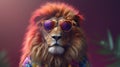 Retro hipster illustration with black fashion lion wearing sunglasses. Trendy illustration. Cute safari wildlife animal