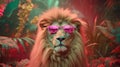 Retro hipster illustration with black fashion lion wearing sunglasses. Trendy illustration. Cute safari wildlife animal